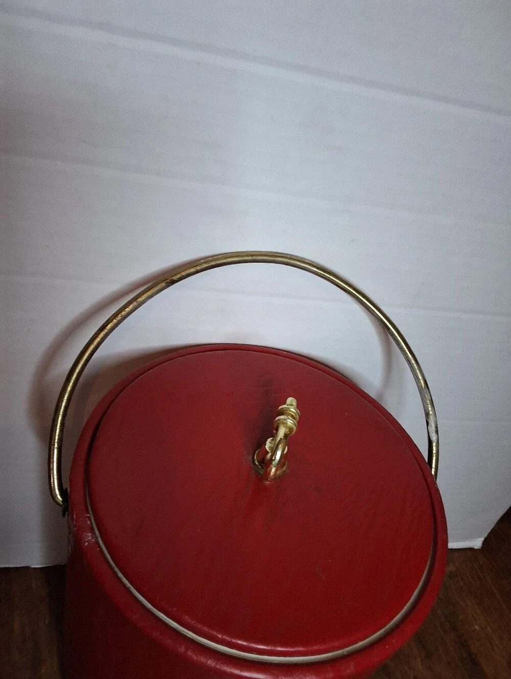 Vintage Georges Briard Red Vinyl Ice Bucket Gold Tone Handle Mid Century Barware